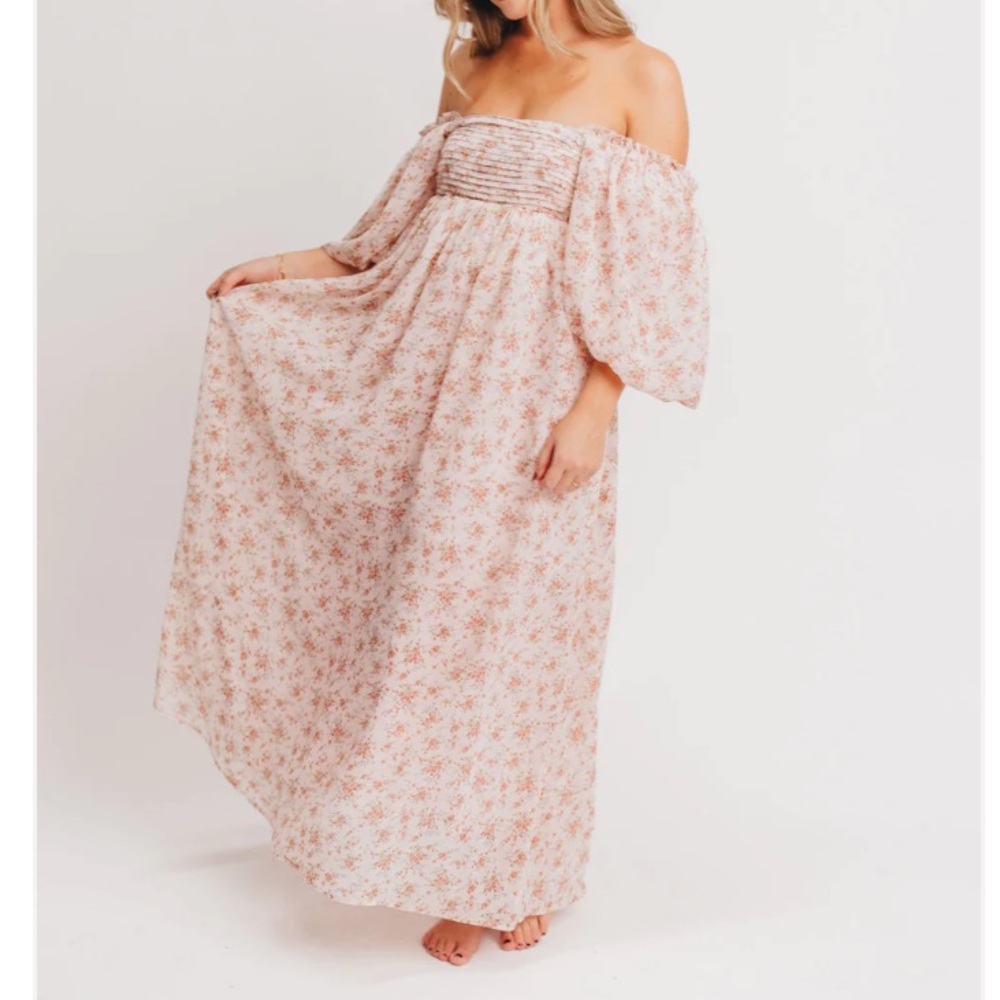 Worth Collective Melody Maxi Dress with Pleats and Bow Detail in Winter Blush